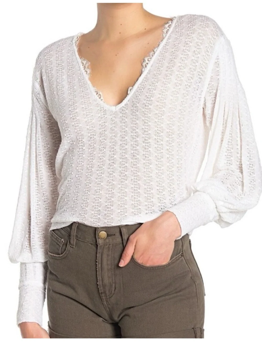 Free People White V-Neck Lace-Trim Knit Blouse